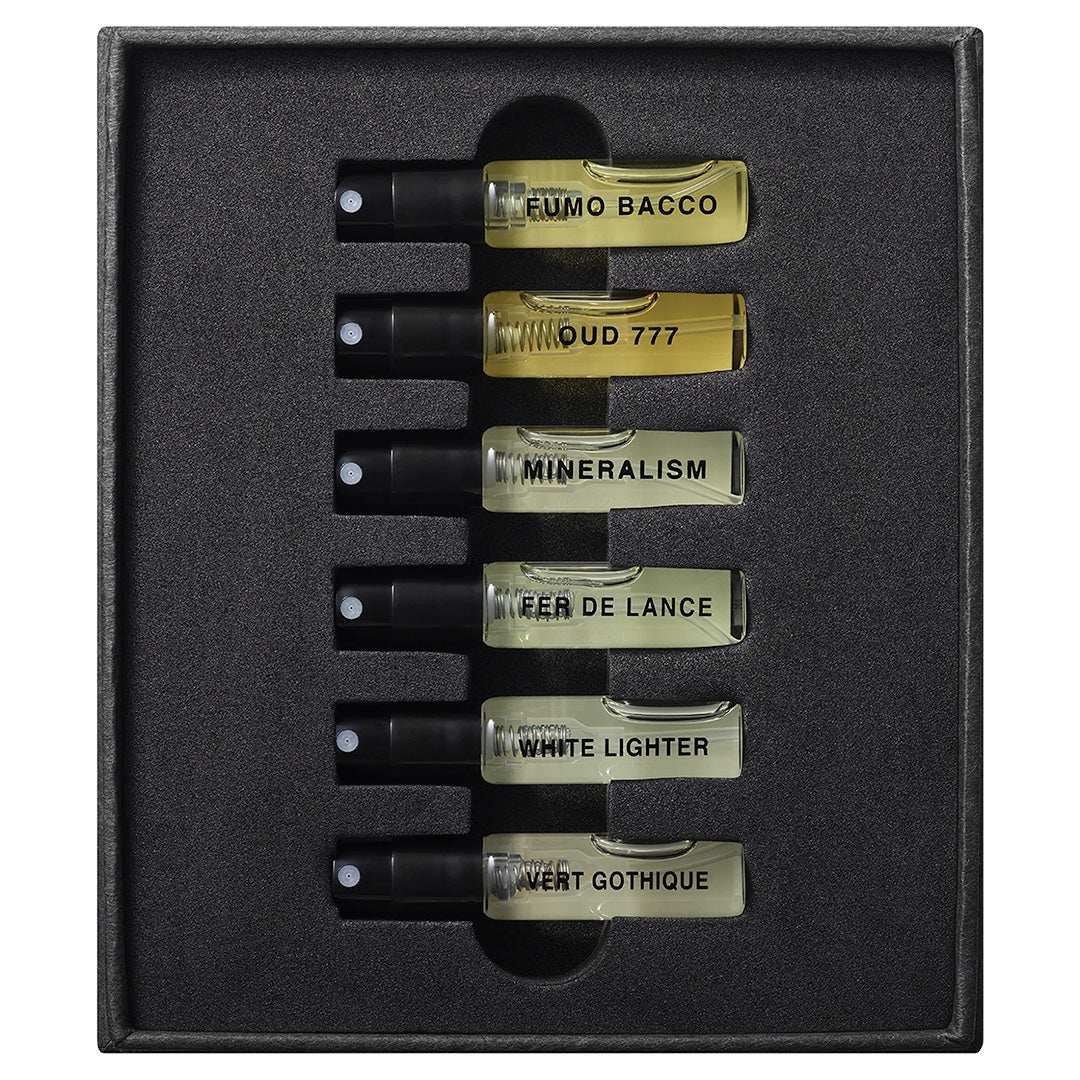 Set of 6 men perfume tester trial size with scent names on a premium gift packaging